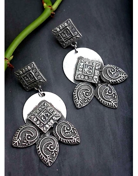 Black Silver Oxidised Square Stud Drop Earring