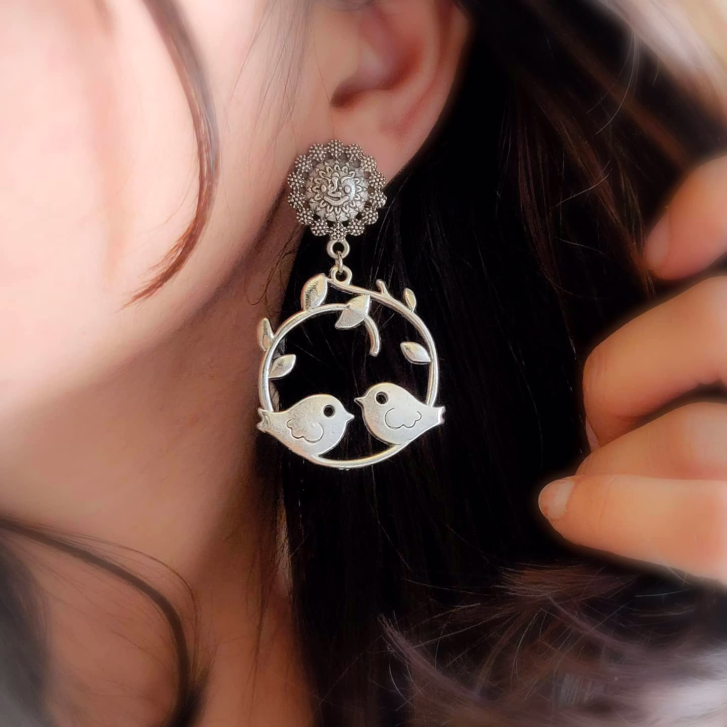 gonasika oxidised cute love birds silver plated earrings