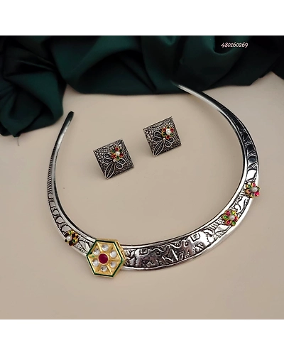 VRUSHALI Oxidised Hasli Necklace Earrings Set-12669653