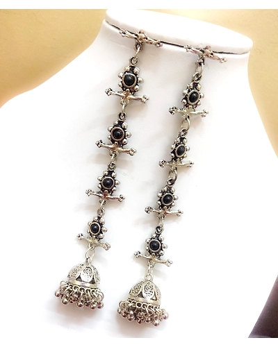 Oxidised Tassel Black Stone Earrings-1