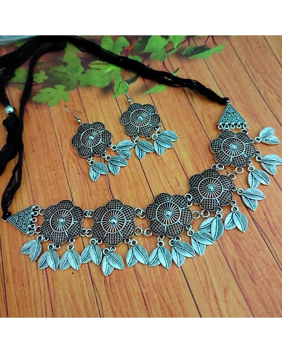 FALAK Oxidised Flower Choker Necklace Earrings Set-1