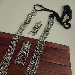 Gonasika LAYA Oxidised Long Multi Layer Necklace Earrings Set