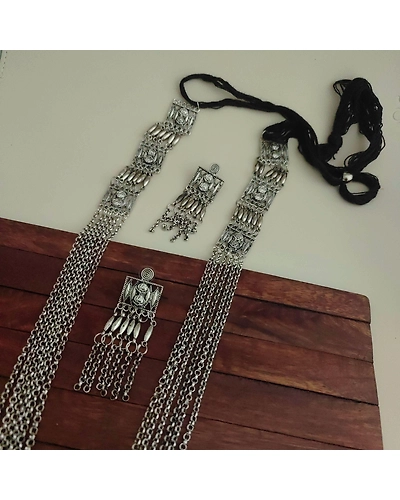 LAYA Oxidised Long Multi Layer Necklace Earrings Set-12669765