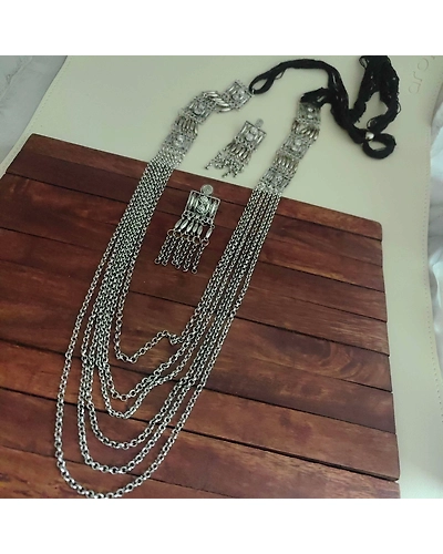 LAYA Oxidised Long Multi Layer Necklace Earrings Set-1