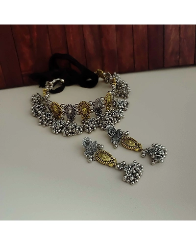 VEDA Oxidised Two Tone Jewellery Set-1