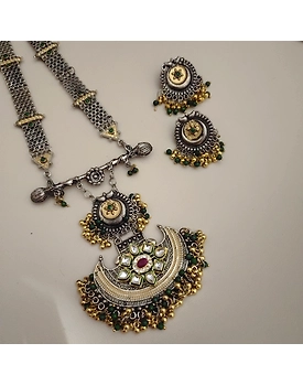 RYNA Oxidised Two Tone Necklace Earrings Set