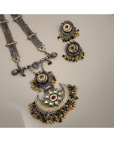 RYNA Oxidised Two Tone Necklace Earrings Set-12669759