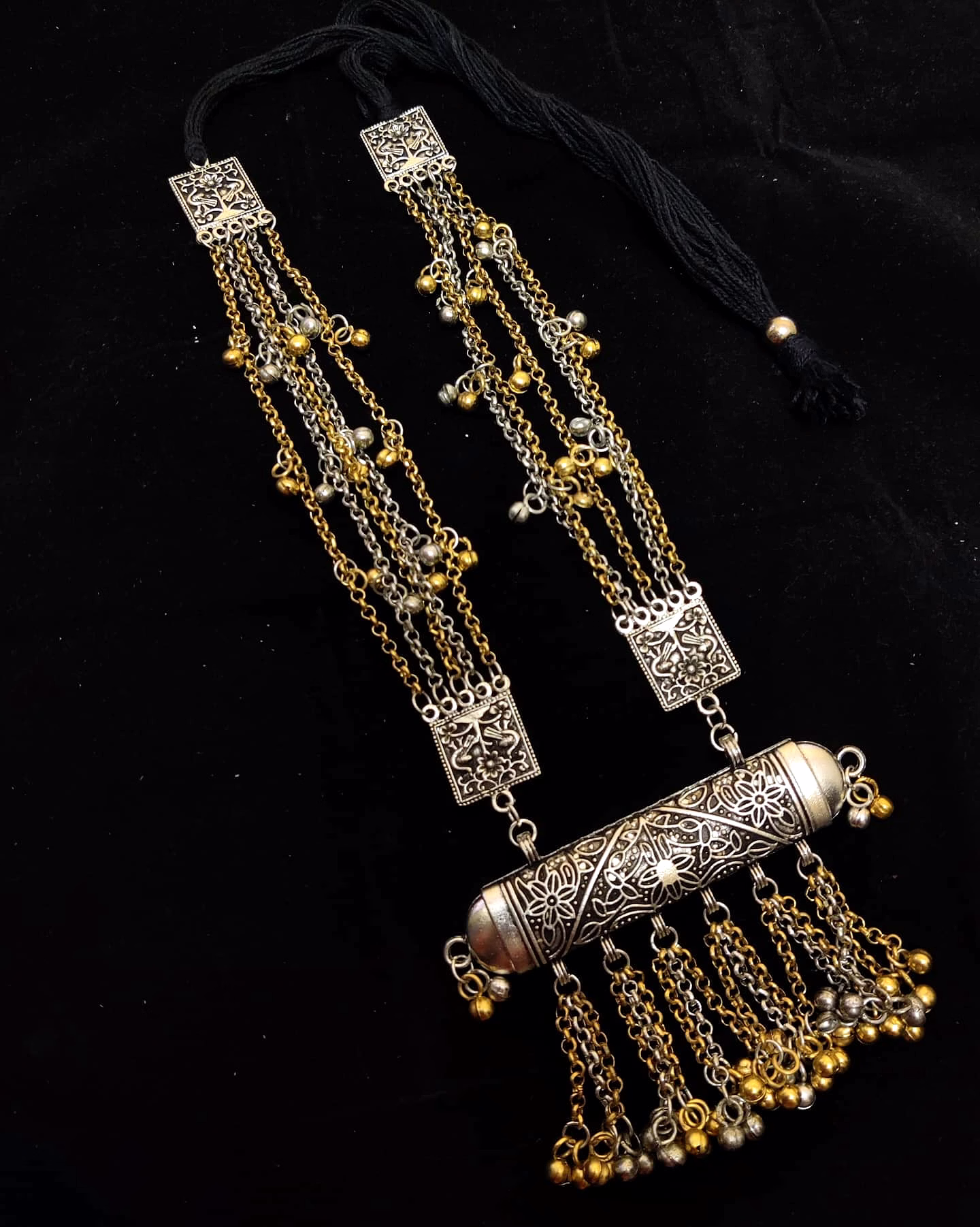 gonasika oxidised antique two tone long chain necklace for women