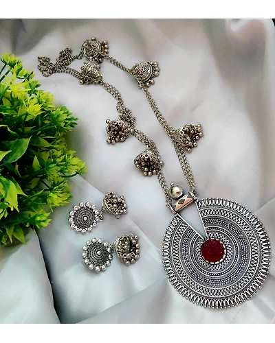 Long chain jhumki necklace with big pendent and jhumka-1