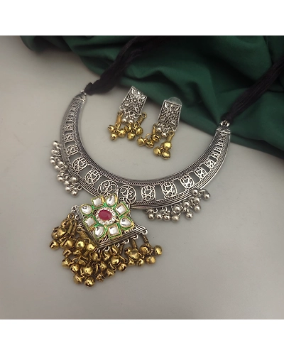 SIYA Oxidised Two tone Hasli Necklace Set-12669833
