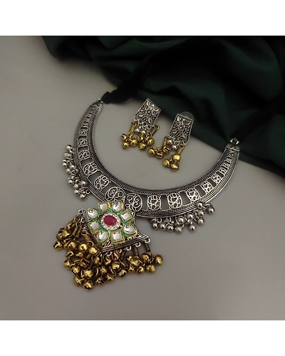 SIYA Oxidised Two tone Hasli Necklace Set-2