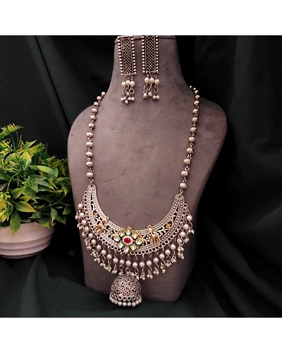 HEER Oxidised Long Necklace Earrings Set-12669829