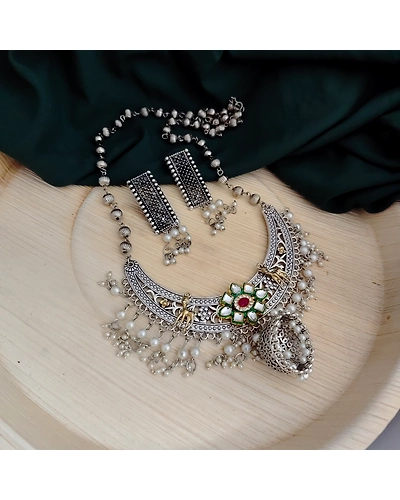 HEER Oxidised Long Necklace Earrings Set-1