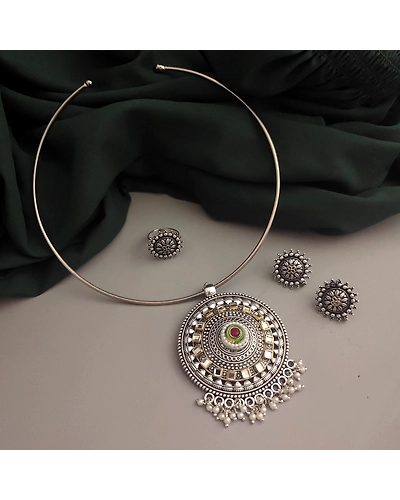 MISHKA Oxidised Hasli Necklace Earrings Set-12669821