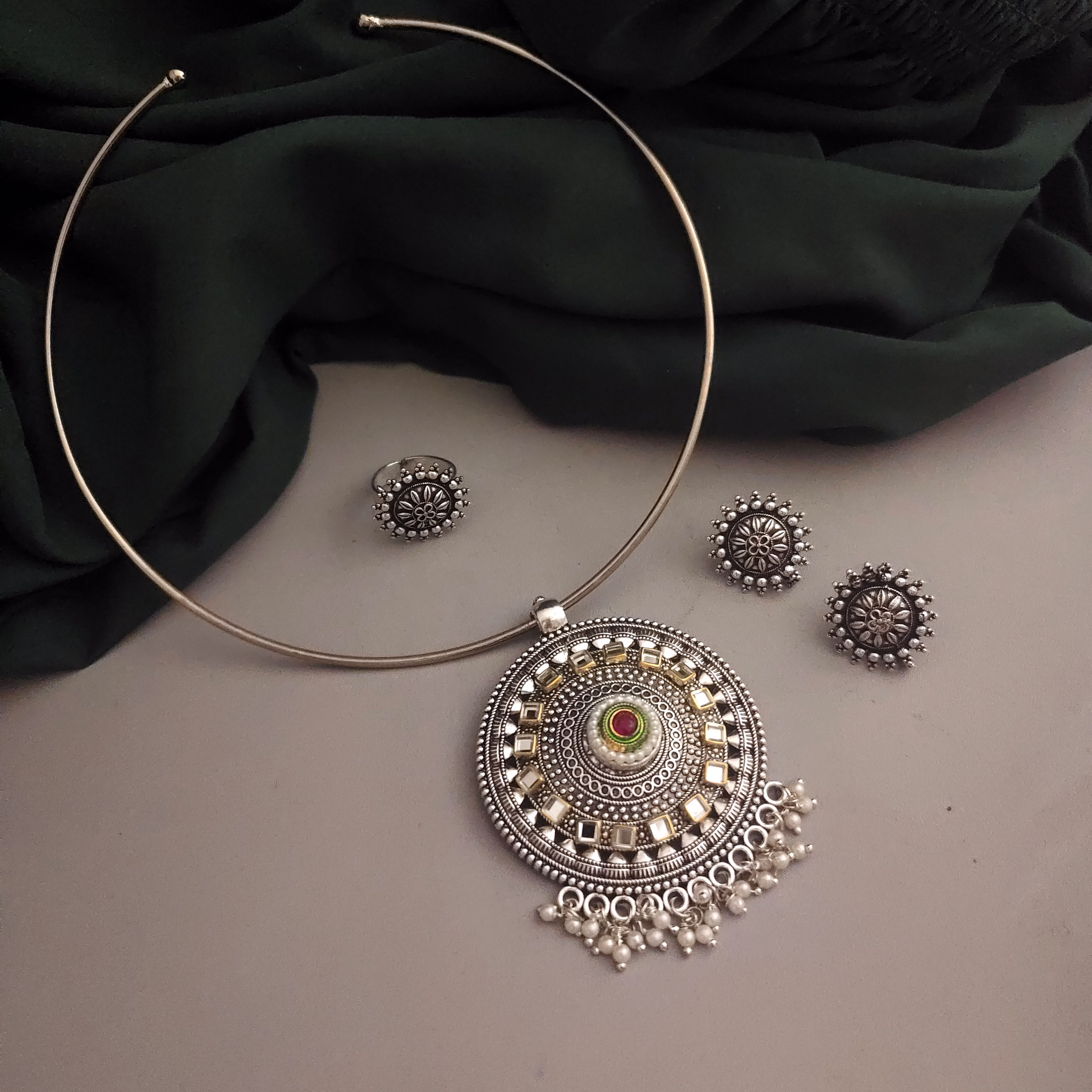 MISHKA Oxidised Hasli Necklace Earrings Set image 2