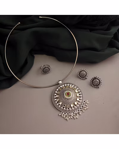 MISHKA Oxidised Hasli Necklace Earrings Set-2