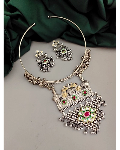 KSHITI Oxidised two tone Hasli Necklace Earrings Set-2