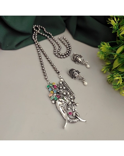 SAAVI Oxidised Chain Necklace Earrings Set-1