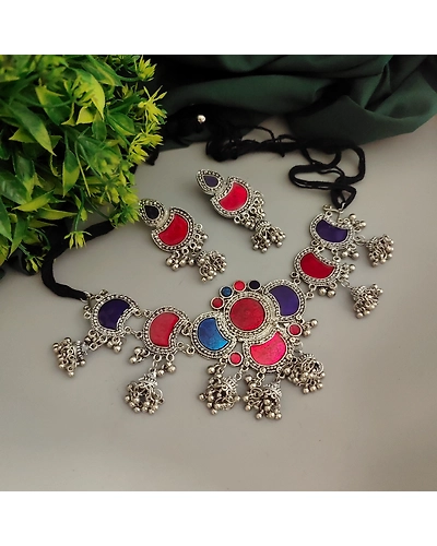 TANVI Afghan Meena Choker Necklace Earrings Set-12669843