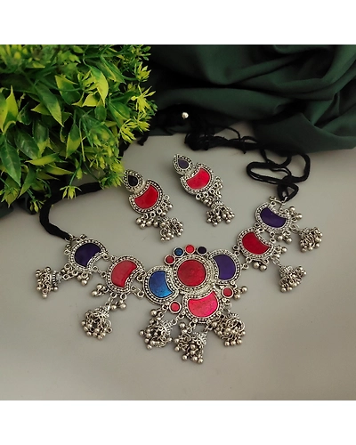 TANVI Afghan Meena Choker Necklace Earrings Set-1