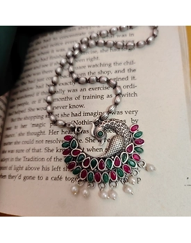 PRITHA Silver Replica Brass Peacock Chain Necklace