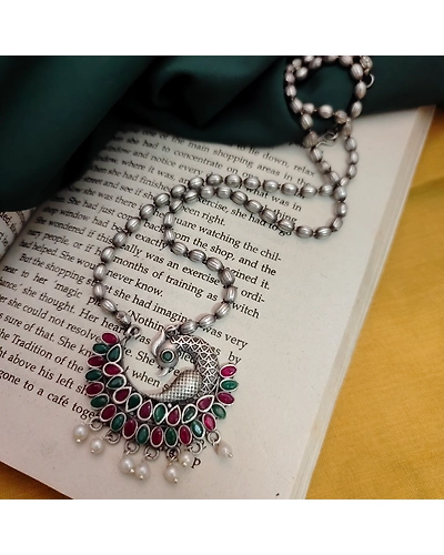 PRITHA Silver Replica Brass Peacock Chain Necklace-1