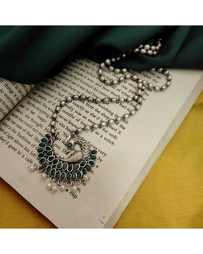 PRITHA Silver Replica Brass Peacock Chain Necklace-2
