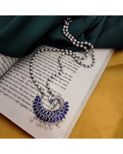 PRITHA Silver Replica Brass Peacock Chain Necklace-4