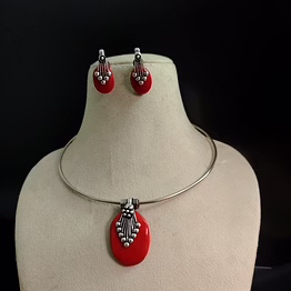 gonasika nihira oxidised stone hasli necklace earrings set-red