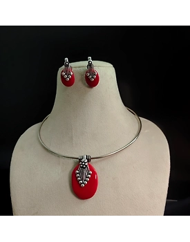 NIHIRA Oxidised Stone Hasli Necklace Earrings Set-Red
