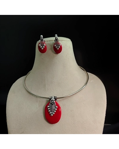 NIHIRA Oxidised Stone Hasli Necklace Earrings Set-Red-12669881