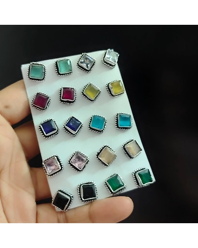 JIYA Silver Plated Semi Precious Stones Stud Earrings-2