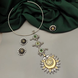 Gonasika MIRZA Oxidised Two Tone Tie Hasli Necklace Earrings Ring Set