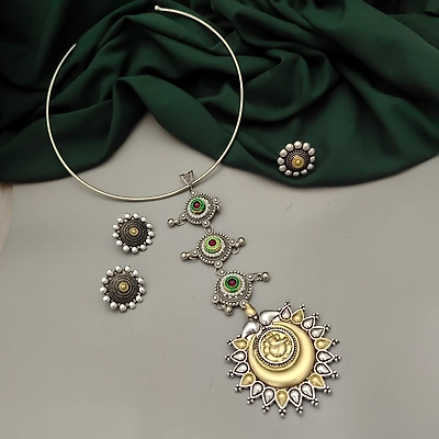 Gonasika MIRZA Oxidised Two Tone Tie Hasli Necklace Earrings Ring Set