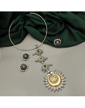 MIRZA Oxidised Two Tone Tie Hasli Necklace Earrings Ring Set