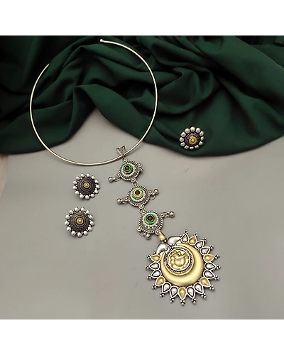 MIRZA Oxidised Two Tone Tie Hasli Necklace Earrings Ring Set-12669893