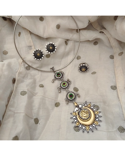 MIRZA Oxidised Two Tone Tie Hasli Necklace Earrings Ring Set-1