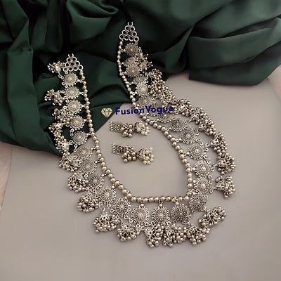 gonasika nimrat oxidised long jhumki necklace earrings set