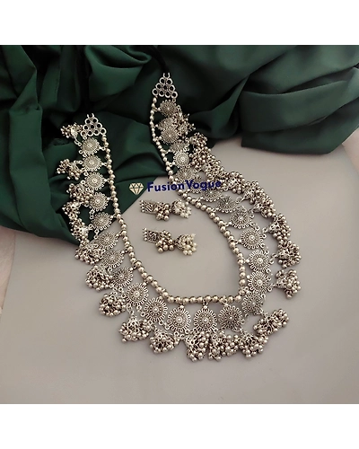 NIMRAT Oxidised Long Jhumki Necklace Earrings Set-12669901