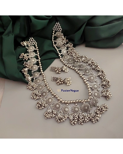NIMRAT Oxidised Long Jhumki Necklace Earrings Set-2