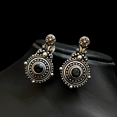 Gonasika Oxidised Antique Polish Black Stone German Silver Earrings