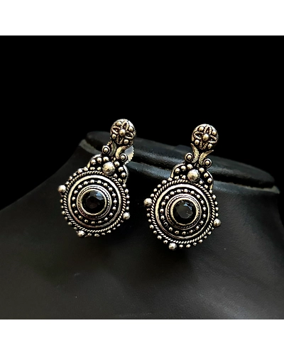 Oxidised Antique Polish Black Stone German Silver Earrings-12669953