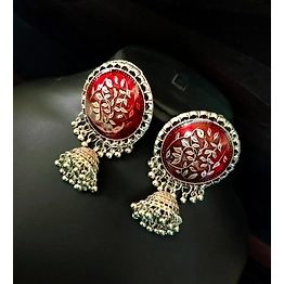 Gonasika Oxidised German Silver Red Ethnic Meenakari Jhumka Earrings