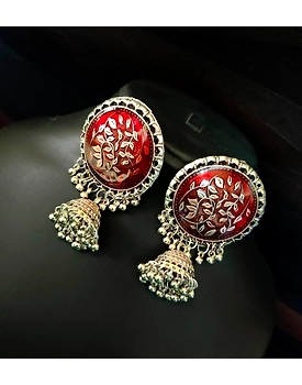Oxidised German Silver Red Ethnic Meenakari Jhumka Earrings