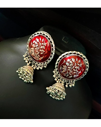 Oxidised German Silver Red Ethnic Meenakari Jhumka Earrings-12669949