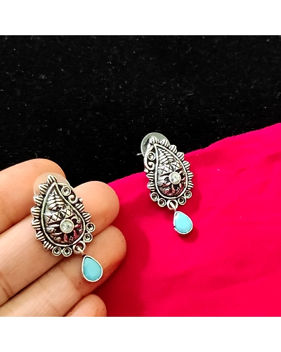 Oxidised Cute Lightweight antique finish firoza stone earrings-2