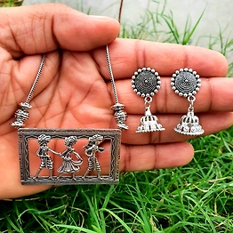 Gonasika Oxidised German Silver Chain Pendent earrings set