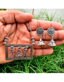 Oxidised German Silver Chain Pendent earrings set