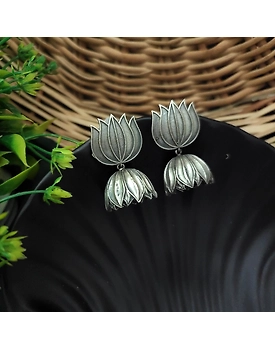 PADMA Silver Replica Lotus Jhumka Earrings
