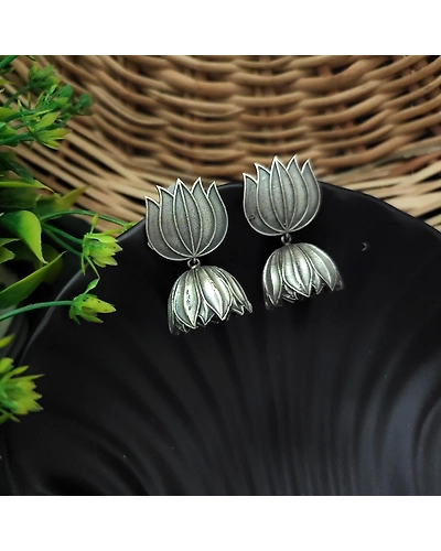 PADMA Silver Replica Lotus Jhumka Earrings-12669931